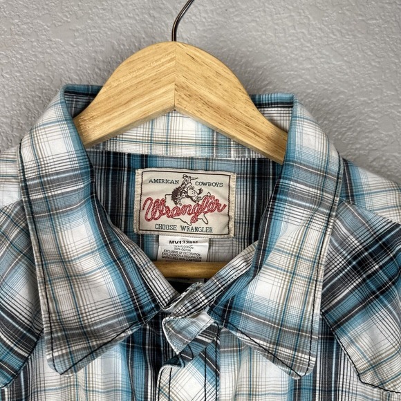 Vintage Wrangler Mens Western Pearl Snap Shirt XL Blue White Plaid Cotton - Picture 2 of 7